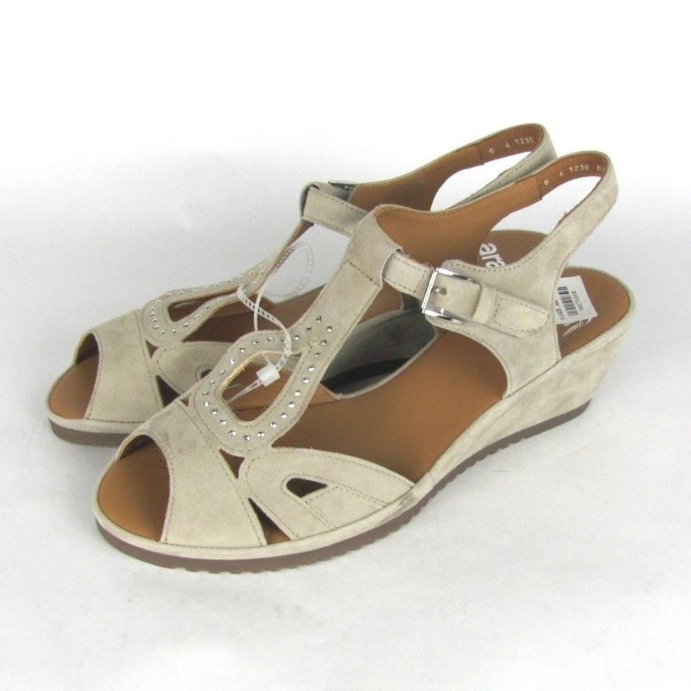 ara Charlotte T Strap Wedge Lino Suede Sandals 6